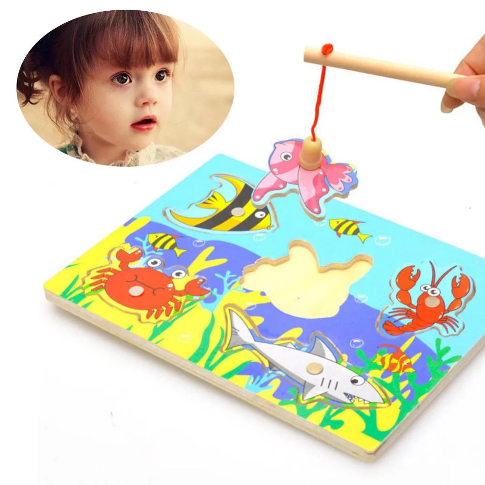 

New Cute Creative Wooden Magnetic Fishing Game & Jigsaw Puzzle Board Children Toy Action Figures for Kids Early Education