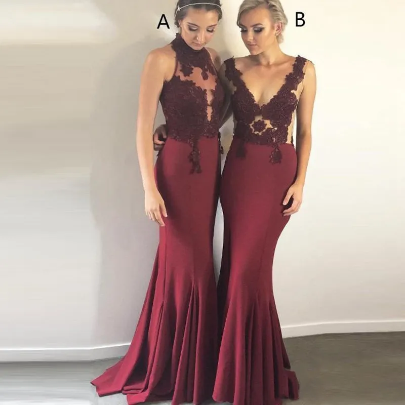 

2019 Burgundy Dress High Neck Satin Mermaid Long Bridesmaid Dresses Lace Applique Wedding Bridal Guest Party Maid Of Honor