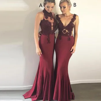 

2020 Burgundy Dress High Neck Satin Mermaid Long Bridesmaid Dresses Lace Applique Wedding Bridal Guest Party Maid Of Honor