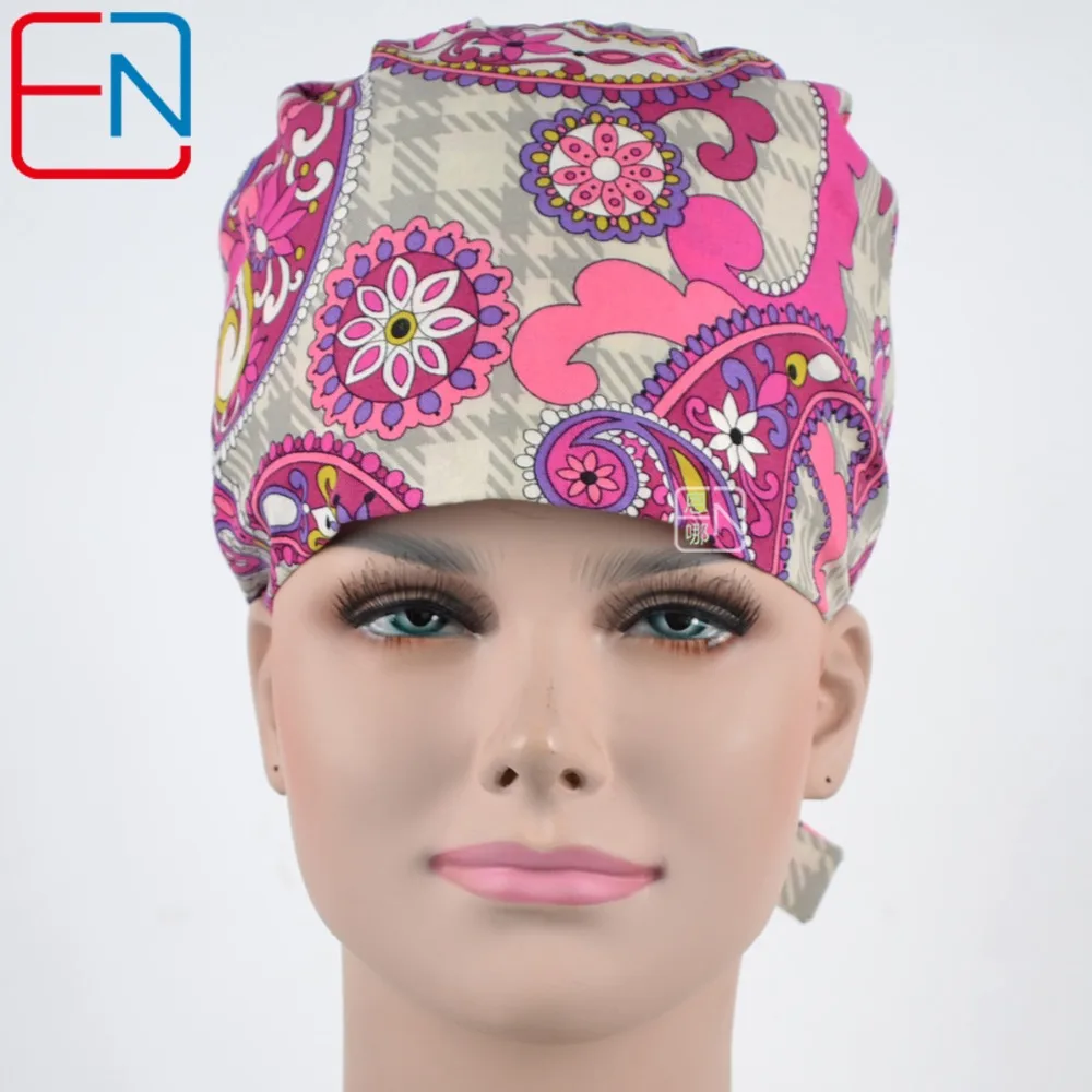 long hair scrub hats for female 100 cotton print fibre with sweatband