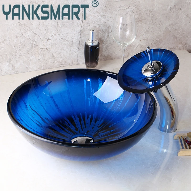 Us 120 05 51 Off Yanksmart Blue Round Tempered Glass Vessel Sink Mixer Deck Mounted Basin Faucets Set With Waterfall Faucet With Pop Up Drain In