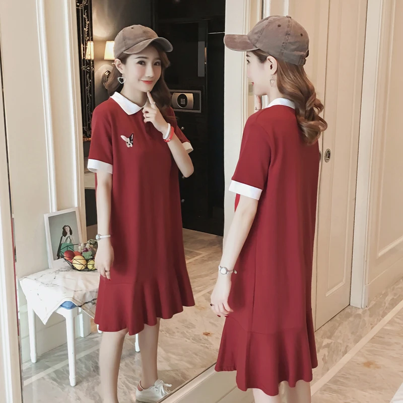 

Summer loose polo collar bottom dress for women plus size fishtail chic embroidery long cotton short-sleeve T-shirt dress spring