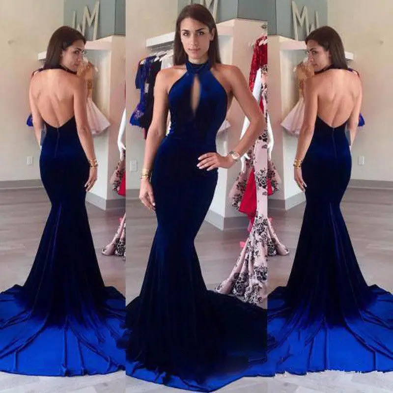 New Velvet Mermaid Evening Dress Halter Keyhole Front Backless Prom Gowns Custom New Velvet Mermaid Evening Dress Halter Keyhole Front Backless Prom Gowns Custom