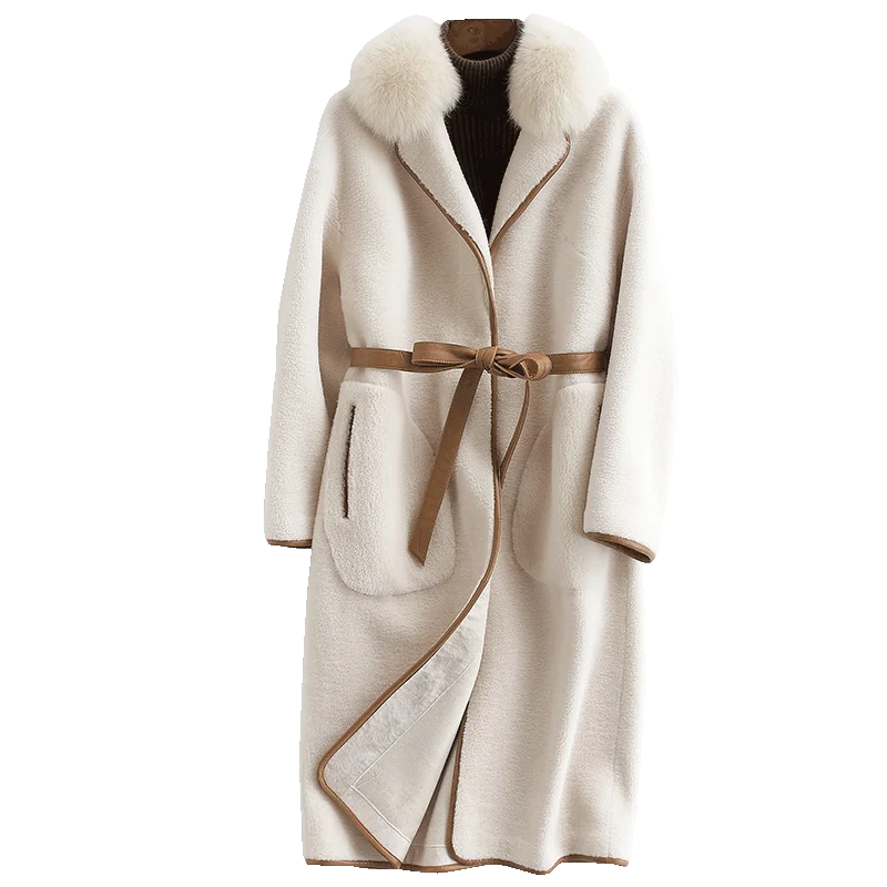 

Real Fur Coat Autumn Winter Jacket Women Clothes 2019 Fox Fur Collar Korean Vintage 100% Wool Coat Sheep Shearling Fur ZT1398