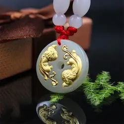 Подвескаиз натурального камня белый нефрит инкрустация 24 К золотой кулон благоприятный Pi Xiu ожерелье кулон мужчины и женщины ювелирное
