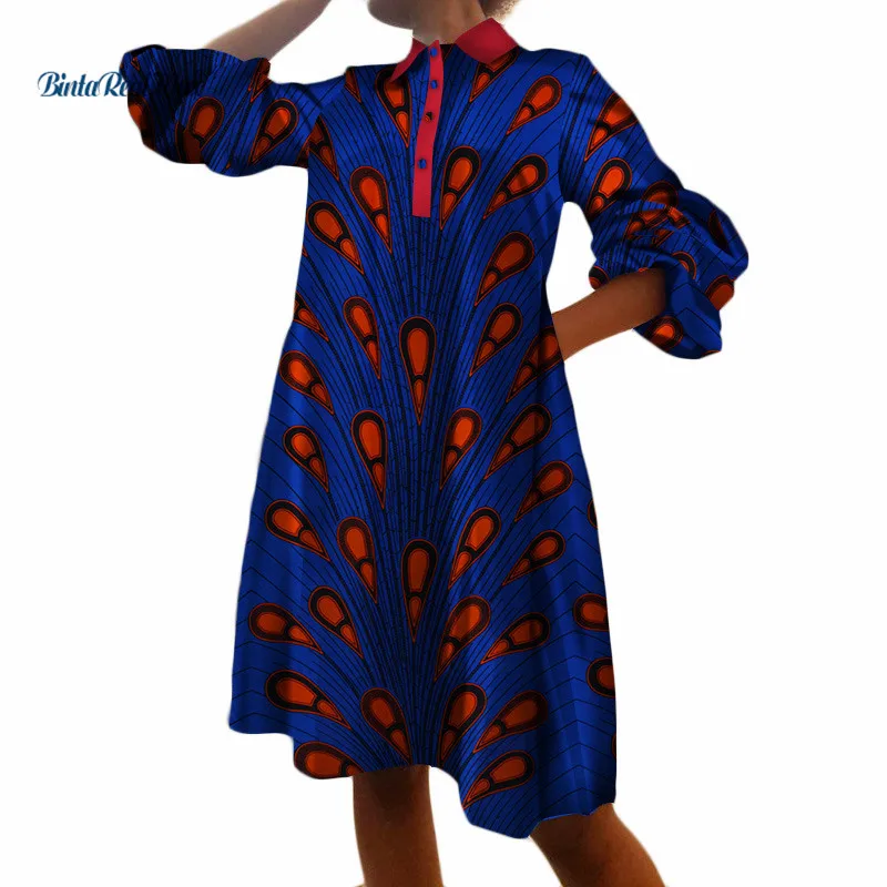 Повседневное Африканский принт платья для Для женщин Свободные прямые платья отложной воротник Длинная рубашка базинская африканская