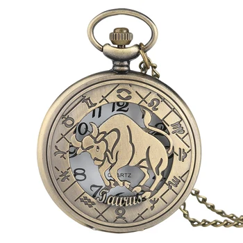 

Taurus Pendant Necklace Pocket Watch Hollow Half Hunter Quartz Analog Clock Relogio de Bolso 12 Constellation Erkek Kol Saati