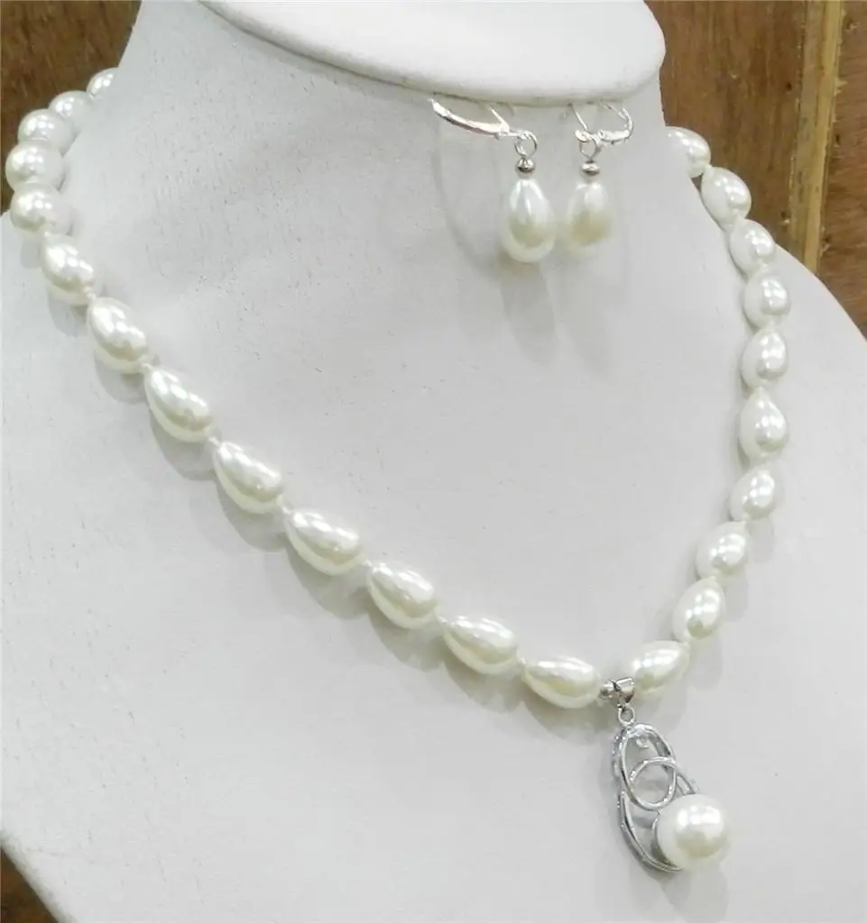 

Q@ Teardrop White 9x13mm Akoya Cultured Shell Pearl Necklace & Pendants Earring Set