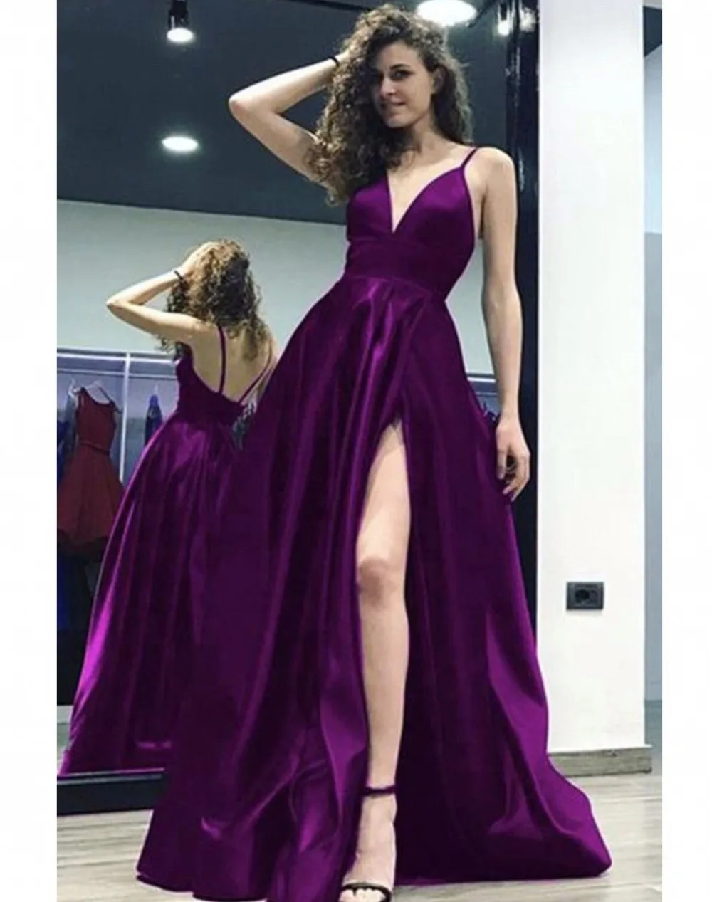 

Verngo Spaghetti straps Purple Sexy Long Dress Slit side Formal Evening Dress Reflective Prom Party Dress vestido longo festa