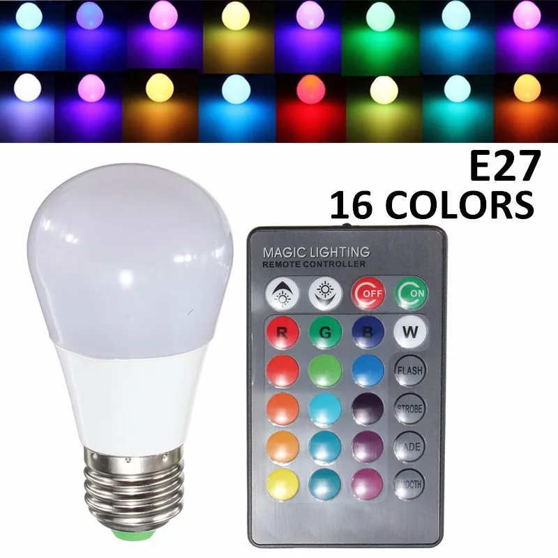 Dimmable E27 RGB LED Light Color Changing Lamp Bulb 24 key IR Remote Controller 85-265V 3W | Освещение