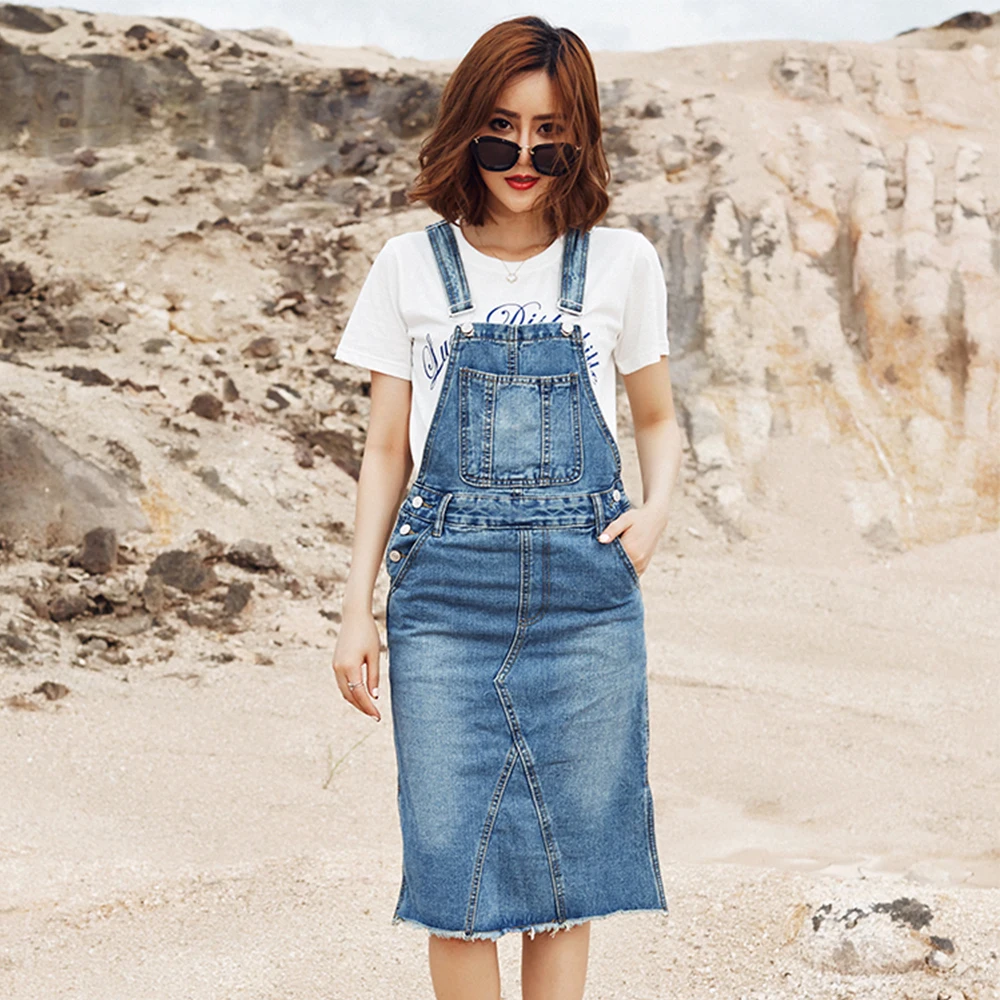 Women Jeans Suspender Skirts Overalls Knee Length Slit Cowboy Denim Braces Pinafore Skirt Wahed