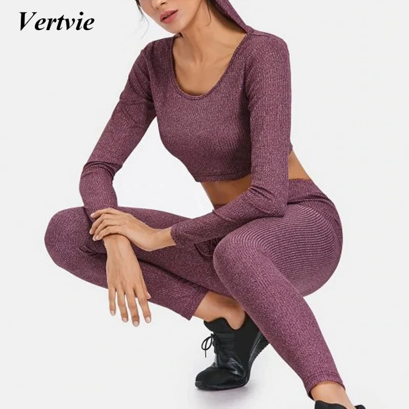 Vertvie Solid Yoga Sets Woman Fitness Long Sleeve Workout Set Yoga Wear