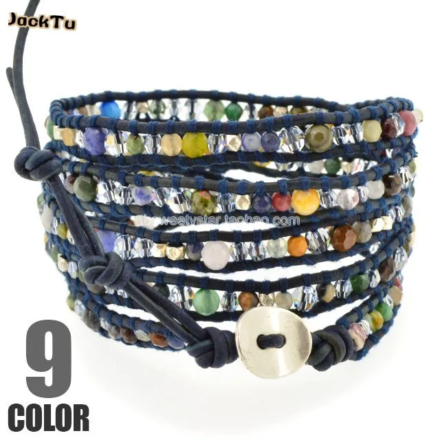 

adjustable mixed stone crystal handmade leather wrap bracelet multi color