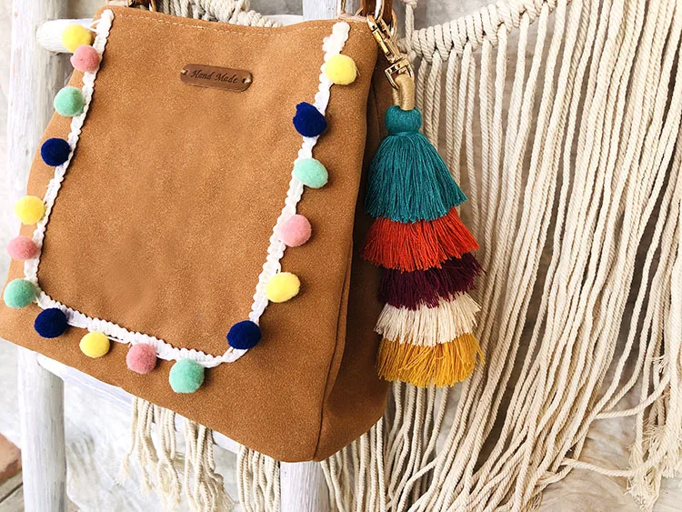 Многоцветная сумка-ведро с помпонами Женская богемная бахрома вышитый пояс сумка-мессенджер Женская Повседневная цыганский Бохо-стиль сумка на плечо