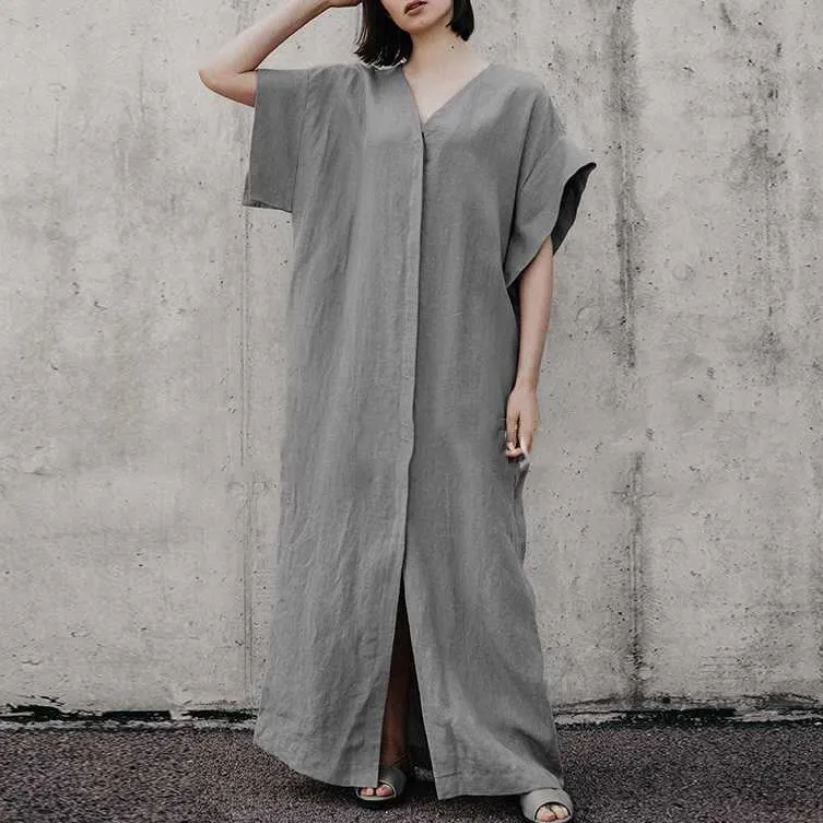 

Casual V-neck Solid Dress Women 2019 Summer Loose Beach Dress Ladies Plus Size Long Dress
