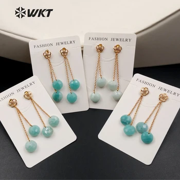 

WT-E380 New Style Natural Stone Double Dangle Earring With Brass Chain Connect Earring Flower Top Earring