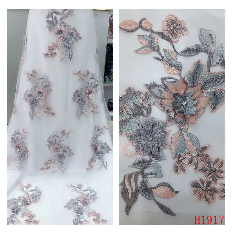

High Quality 3d Embroidery African Tulle lace fabric with Beads Nigerian Lace Fabric For Women French Mesh Lace FabricHX1917-1
