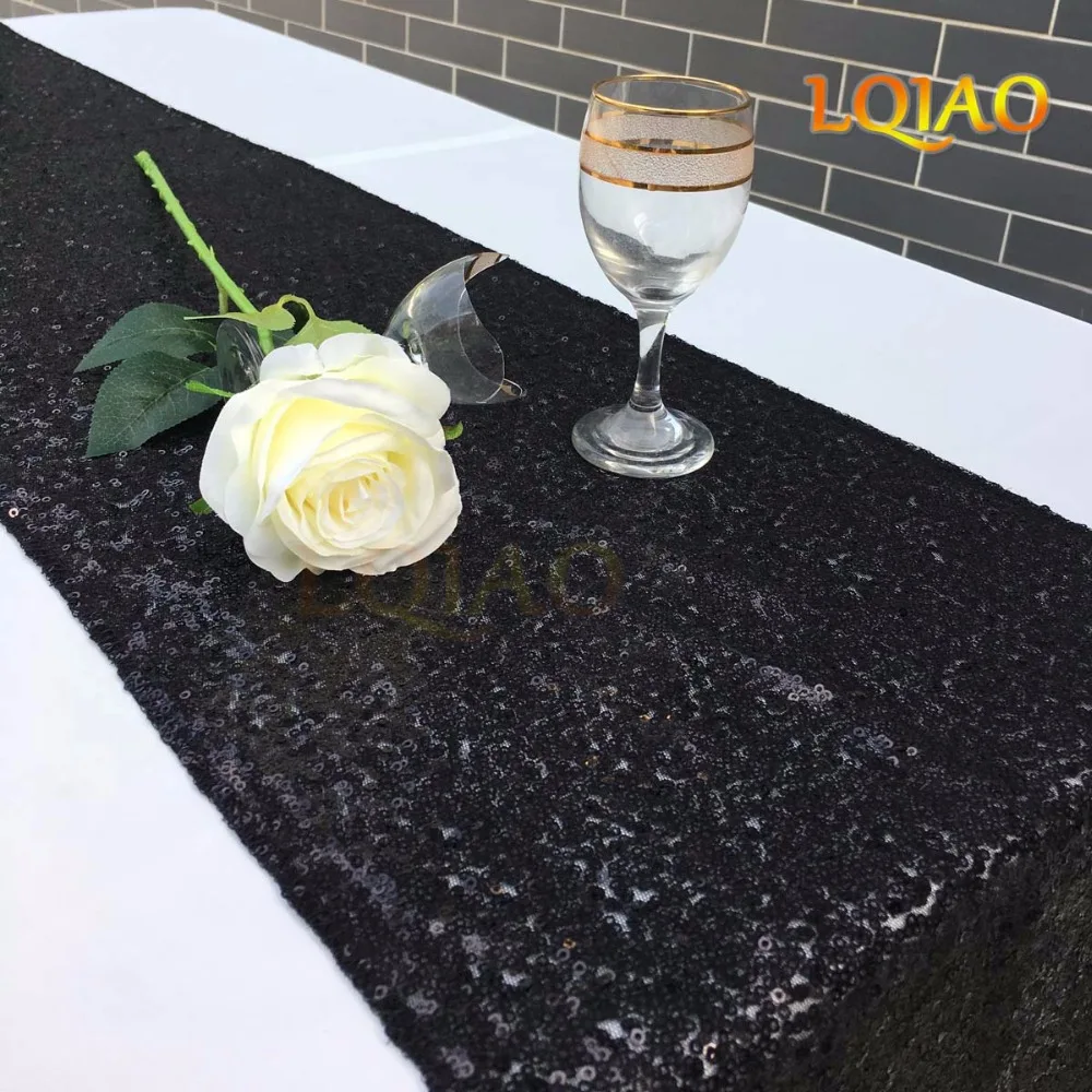 LQIAO черный скатерти с пайетками бегун 12x120 дюймов для свадьбы День рождения
