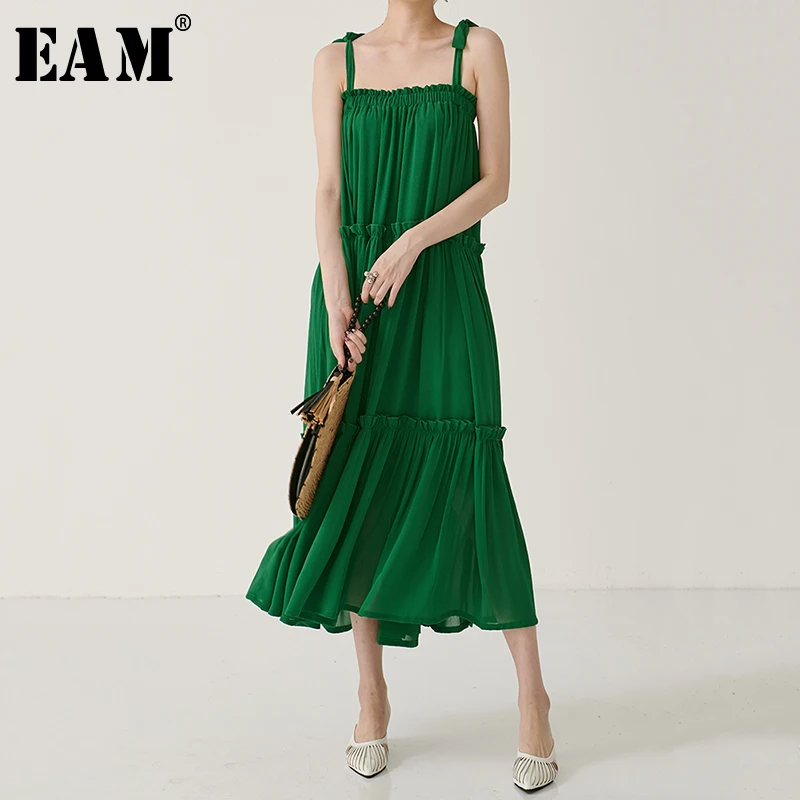 

[EAM] 2019 New Spring Summer Spaghetti Strap Bandage Pleated Chiffon Loose Temperament Cake Dress Women Fashion Tide JW870