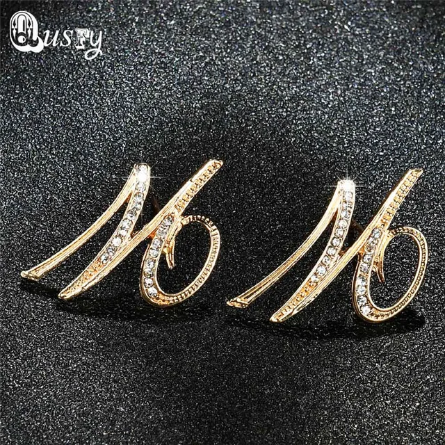 Qusfy M Letter Stud Earring Crystal High Quality Women Jewellery Gold