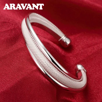 

Top Quality 925 Jewelry Vintage Open Cuff Bracelet Net Weave Bangles For Women Silver Plated Jewelry