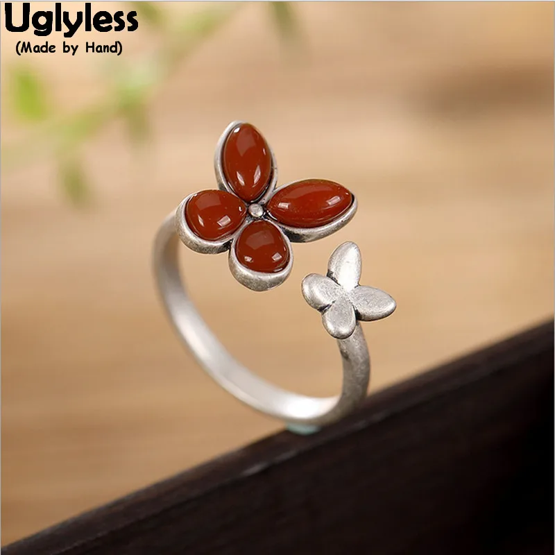 Uglyless Handmade Butterfly Open Rings for Women Nature Agate Clover Finger Ring Solid 925 Sterling Silver Fine Jewelry Gemstone Uglyless Handmade Butterfly Open Rings for Women Nature Agate Clover Finger Ring Solid 925 Sterling Silver Fine Jewelry Gemstone