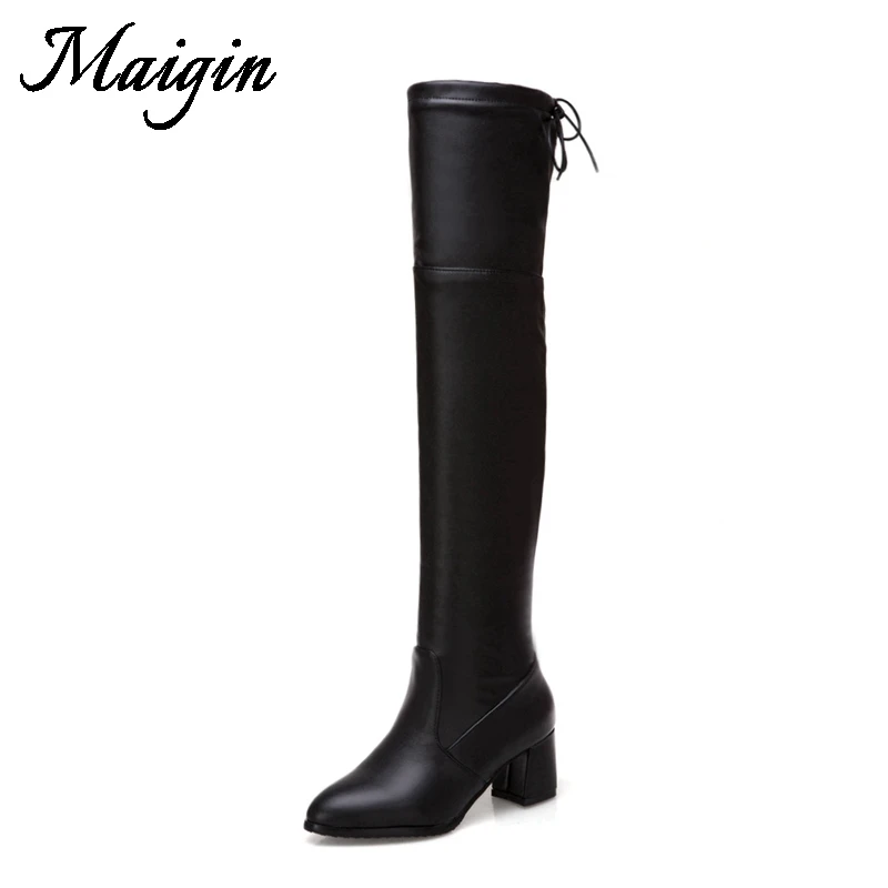 Maigin Over The Knee Boots Women Pointed Toe High Chunky Heels Booties 2018 Autumn Winter Plus Size 34-43 Female Shoes