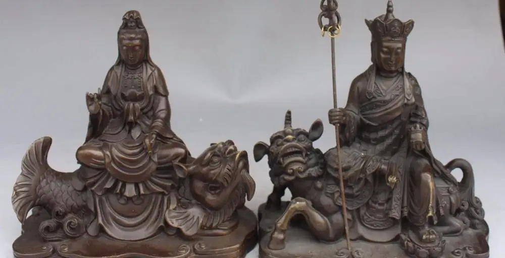 

Rare Bronze Tang Seng San Zang Kwan-yin Buddha On Fish Kylin Beast Statue Pair