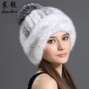 Для женщин Кепки реального норки меховая шапка зимняя вязаная с меховым помпоном Роскошные Сгущает норковая шапка Повседневное меха Шапки для для женщин Шапочка женский - изображение