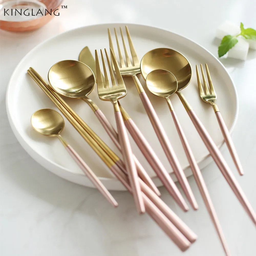 1PC KINGLANG Pink Gold And Silver Fork Spoon High Quality Stainless