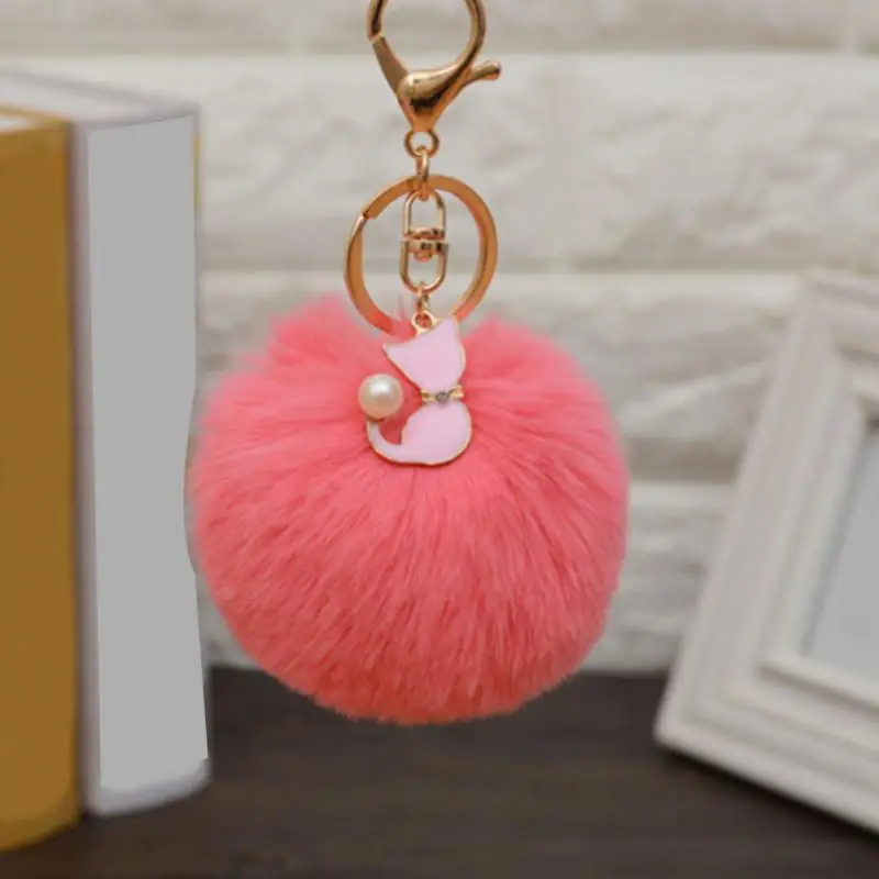 

Cute Pink Cat Fur Keychain Pompom Fake fur ball key chain fluffy pompon Keyring Bag Charms Key ring llaveros chaveiros