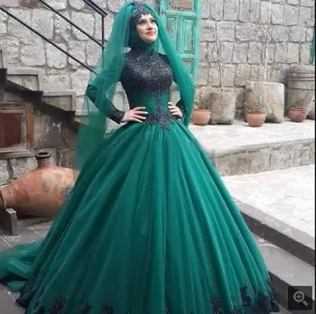 

Green Modest Muslim Prom Dresses Long Sleeves High Neck Beaded Lace Appliques Princess Tulle Arabic Ball Gown Prom Gowns