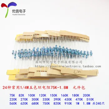 

The cladding of 1/4W five color ring resistance 75K-1.8M package consists of 24 types of commonly used resistance of each 10
