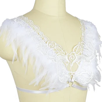 

Feather Lace Angel Wings For Women Burning Man Adjust White Body Harness Cage Bra Wedding Party Dance Rave Wear Halloween
