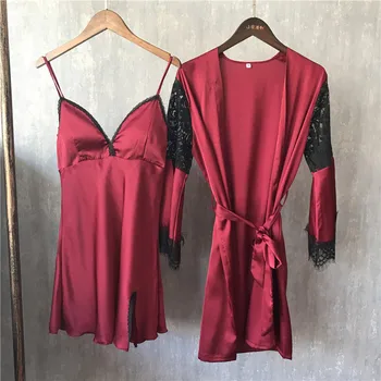 

Lisacmvpnel Spring New Pattern Sexy Ice Silk Pajamas 2 Paper Set Woman Long Sleeve Lace Camisole Robe Suit