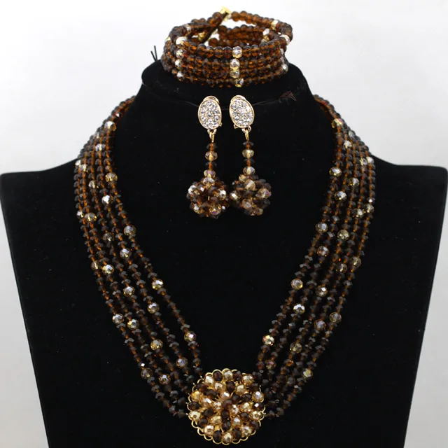 Beautiful Chocolate Brown Chunky African Jewelry Sets Party Flower Beautiful Chocolate Brown Chunky African Jewelry Sets Party Flower Brooch Crystal Necklace Earrings Bracelet Free Ship
