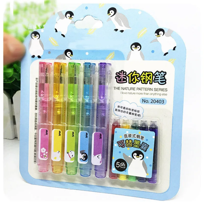 

5 pcs/lot Mini Cute Kawaii Colored Fountain Pen Set With Ink Sac Plastic Ink Pen For Writing Office School Supplies Stationery