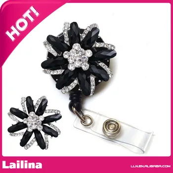 

Bling Rhinestone Retractable Badge Reel/ ID Badge Holder / Brooch / Pendant /Id Badge Holder( Black Resin Flower Brooch)