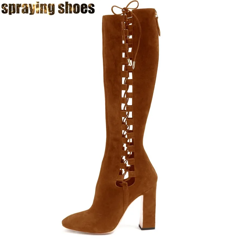 

Brown/Black Suede Knee High Boots Women Winter Chunky High Heels Shoes Pointed Toe Cross Strappy Zip Decor Side Hollow Out Boots