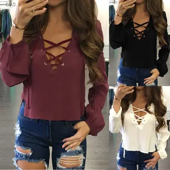 

Fashion Women Ladies Chiffion Long Sleeve Bandage Loose Blouse Summer V Neck Casual Shirt Tops Women Clothes