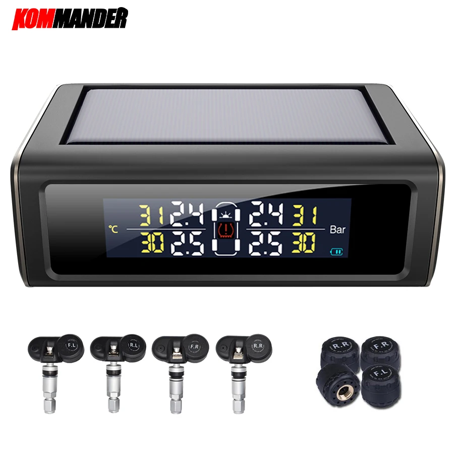 Kommander автомобилей TPMS шин Давление мониторинга Системы солнечной зарядки HD цифровой ЖК-дисплей Дисплей Автоматическая сигнализация Системы Беспроводной с Сенсор