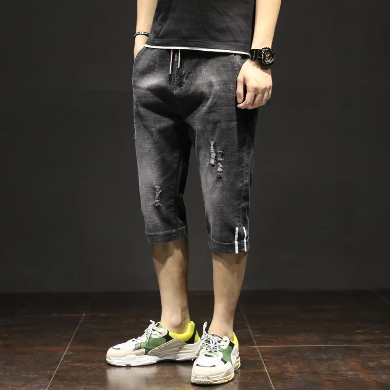 

Stretch Plus Size Punk Shorts Men Jeans Fashion Casual Short Straight Denim Trousers Slim Fit Calf Length Streetwear