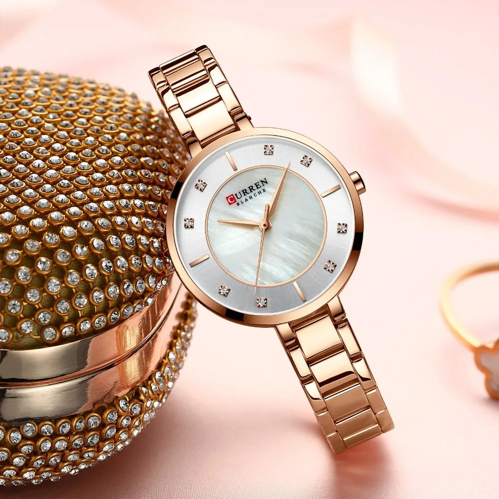 CURREN женские часы модные элегантные кварцевые часы Женское платье наручные часы со стразами комплект циферблат из розового золота Сталь группа часы