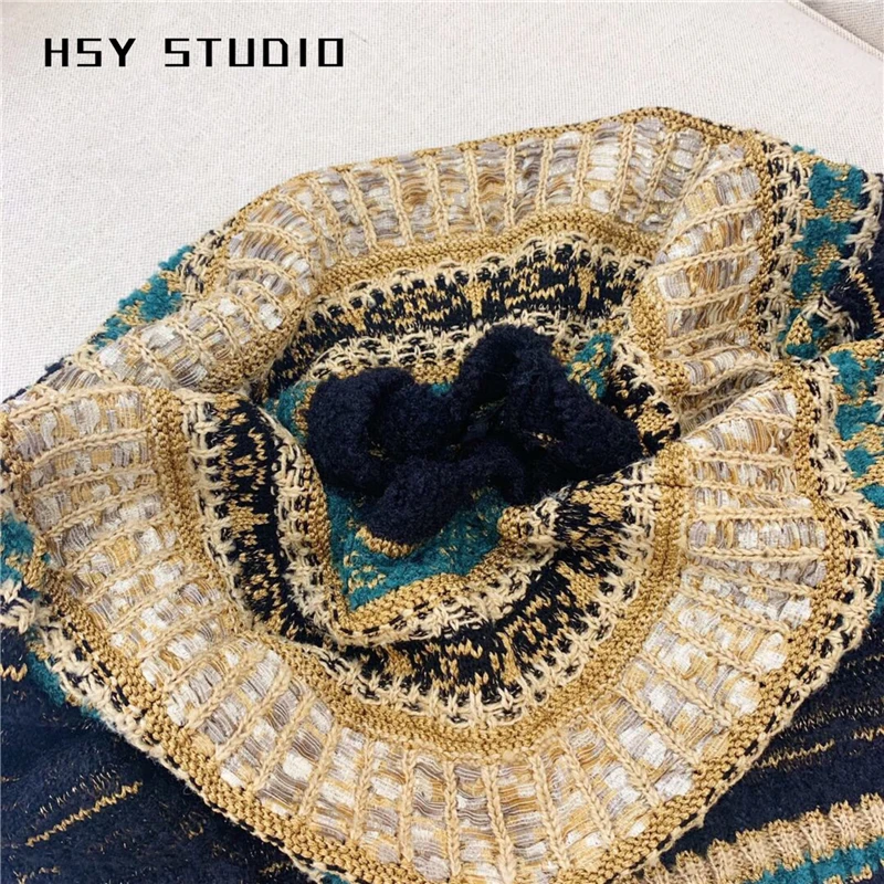 【HSY studo】 Осень Египетский стиль для женщин индивидуальные синие и золотые смешанные нити с длинным рукавом o-образным вырезом в полоску черный свитер