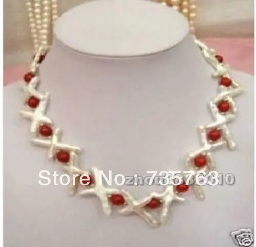 

HOT 00166 Unique Design True white cross pearl~red coral necklace