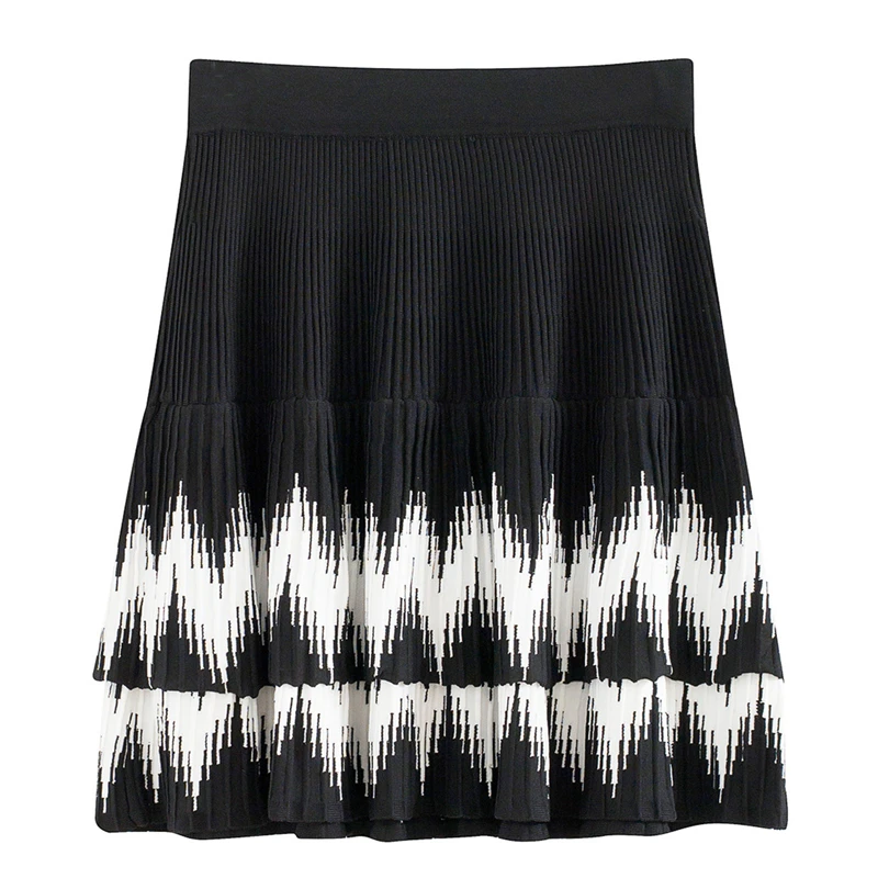 Women Skirt Ruffles Knitted Bottom Striped High Waist Cake Skirt TuTu Mini Skirt Summer Short Color Block Skirt