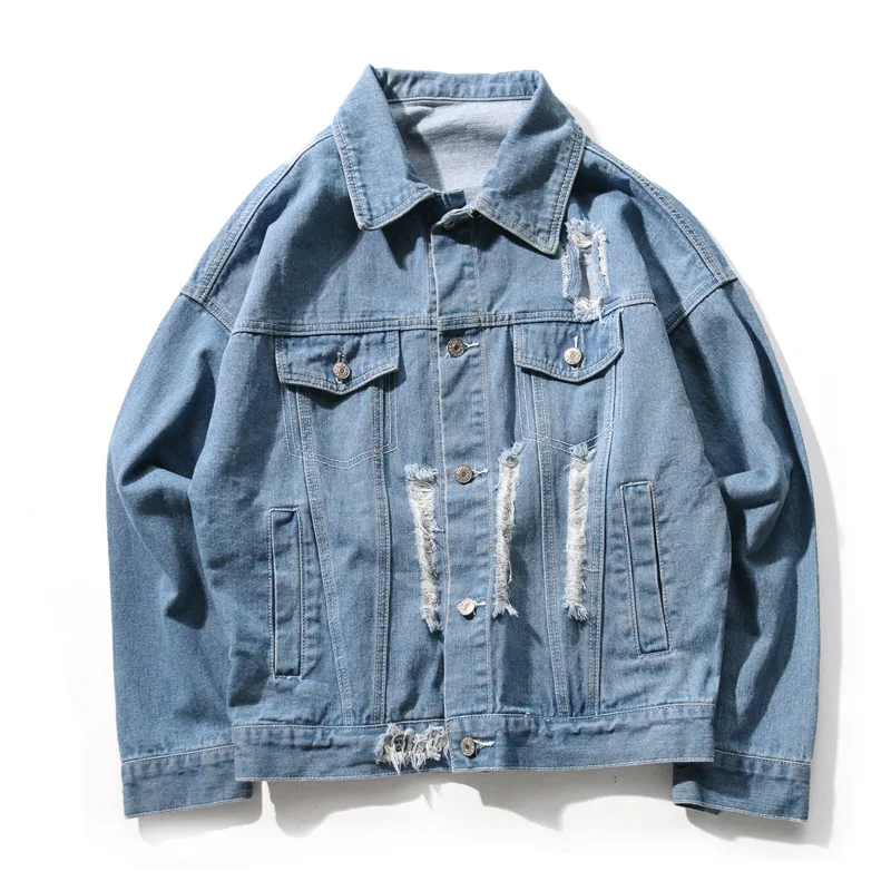 Отверстия джинсовая куртка для мужчин 2018 хлопок хип хоп Винтаж мыть воду негабаритных M-5XL рваные Streetwer синий мужской свободные Джинс