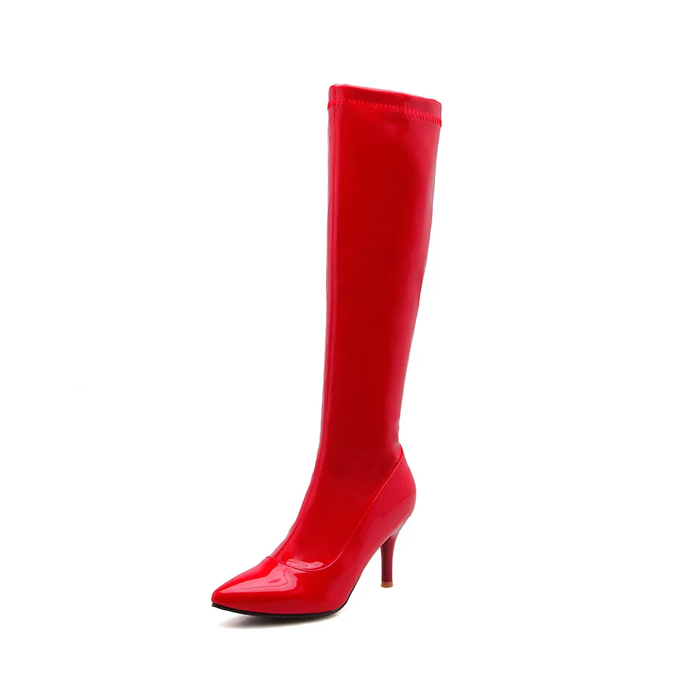 Черные, красные, белые осенние сапоги до колена; модная женская обувь на молнии; модные высокие сапоги с острым носком из искусственной кожи на высоком каблуке