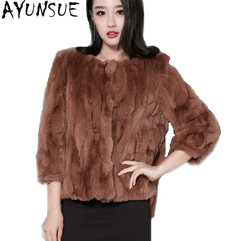 AYUNSUE Rex Rabbit Furs Coats Short Thick Warm Overcoat Faux Fur Coat
