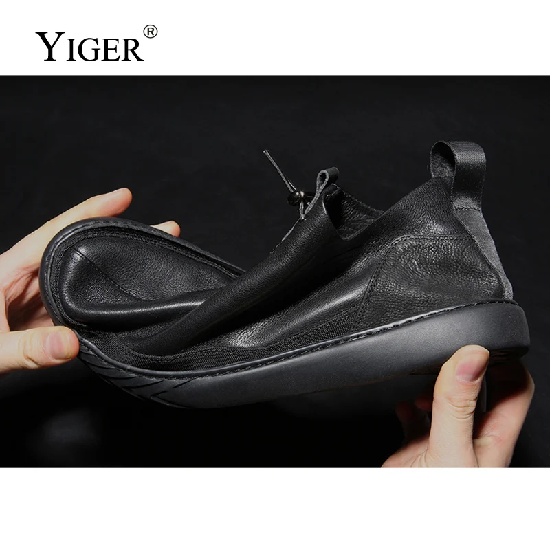 YIGER New Men Ankle Boots Genuine Leather Man Casual boots Cow Leather Winter with fur warm male shoes Black Chelsea Boots 0199